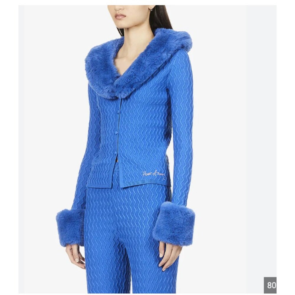 House Of Sunny Peggy Cardigan Sweater Womens 8 Blue Zigzag Knit Logo